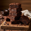 Rich, fudgy chocolate brownies stacked on a rustic wooden board with a glossy crackled top