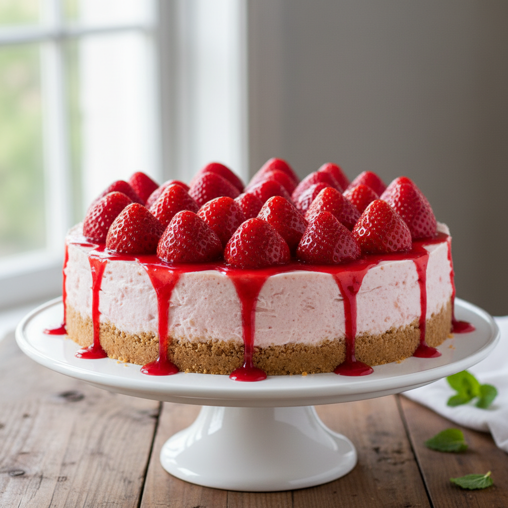 A beautiful whole strawberry cheesecake topped with fresh strawberries and glaze on a white cake stand