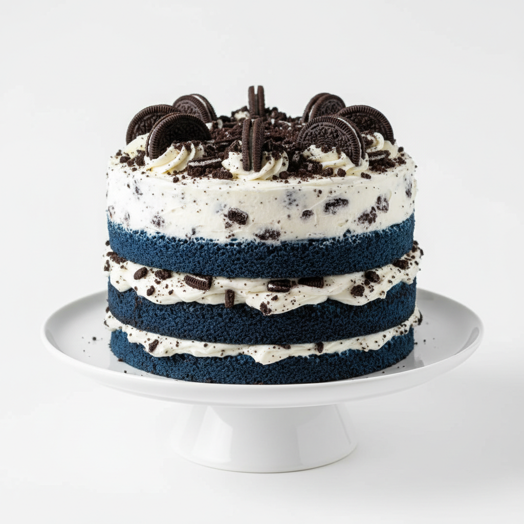 Blue velvet cheesecake cake with cookies and cream frosting and Oreo crumble topping