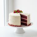 A beautifully sliced red velvet cake with cream cheese icing on a white cake stand