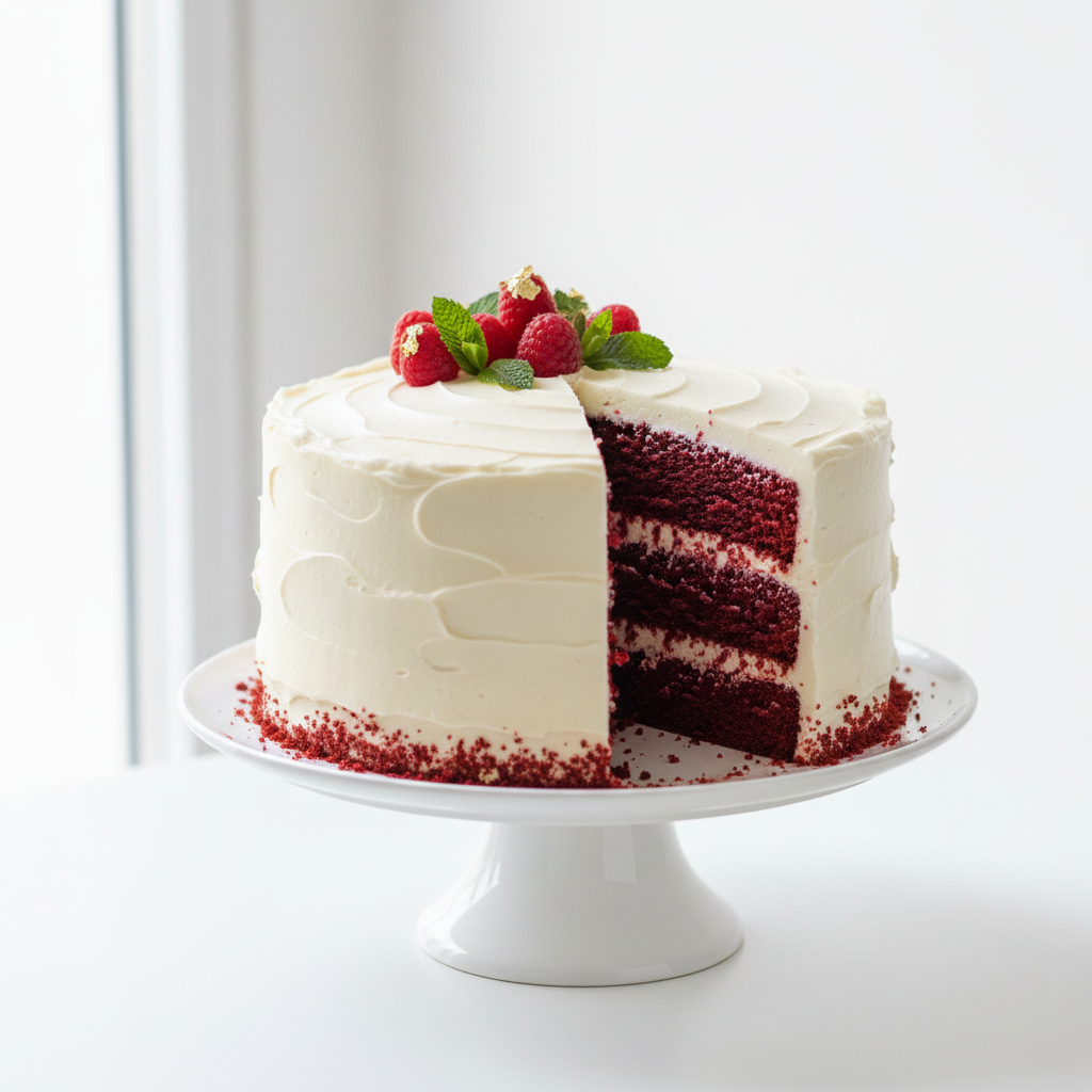 A beautifully sliced red velvet cake with cream cheese icing on a white cake stand