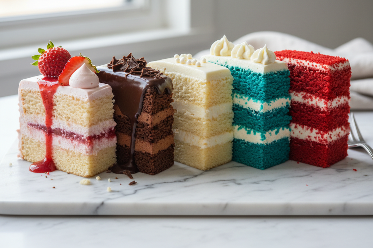 Five cake slices in strawberry, chocolate, vanilla, blue velvet, and red velvet flavors displayed on a white marble surface