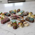Assortment of chocolate dipped pretzels, rice krispie treats, Oreos, and strawberries with colorful drizzles and sprinkles